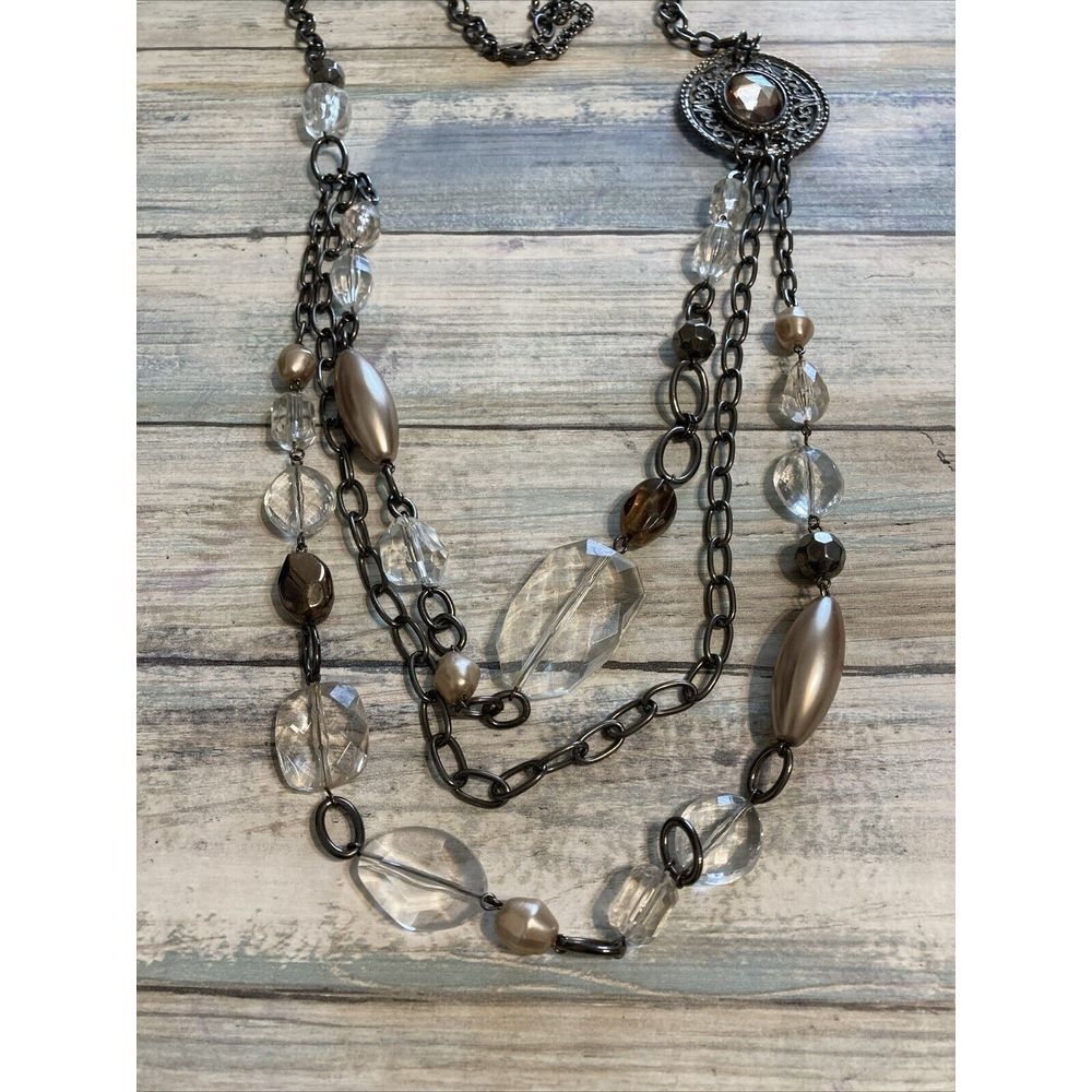 NY 3 Strand Gun Metal Chain Acrylic Crystals, Beads Pendant Necklace 39"‎  NWOT